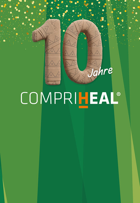Jubiläumsgrafik zum 10-jährigen Bestehen von CompriHeal® mit großer dreidimensionaler Zahl 10 vor grünem Hintergrund mit Bambus-Elementen und goldenen Konfetti-Punkten. | © Bamboo Health Care GmbH