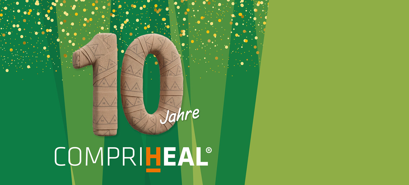 Jubiläumsgrafik zum 10-jährigen Bestehen von CompriHeal® mit großer dreidimensionaler Zahl 10 vor grünem Hintergrund mit Bambus-Elementen und goldenen Konfetti-Punkten. | © Bamboo Health Care GmbH