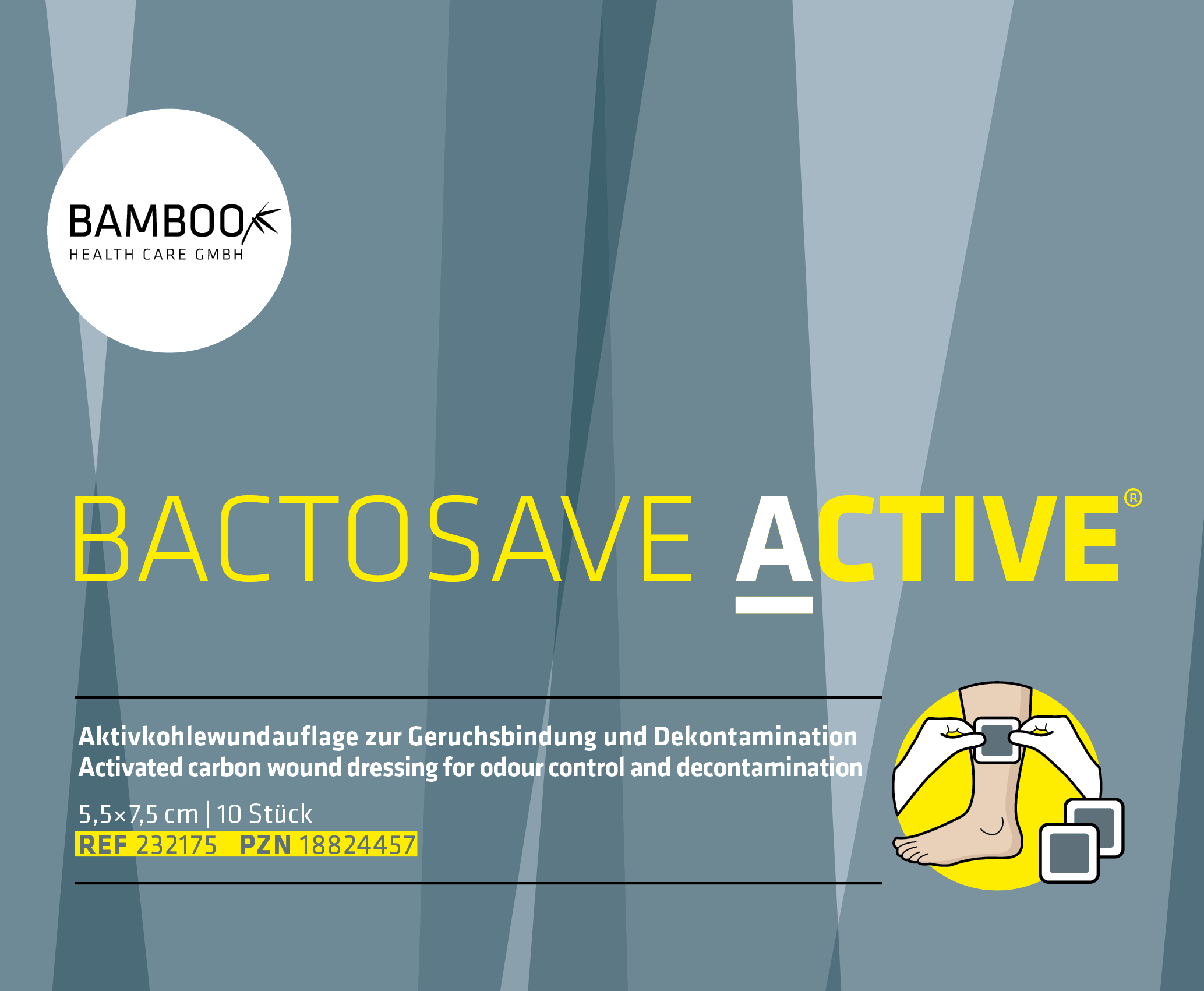 Die Vorderseite der Verpackung unserer kleinen Größe 5,5x7,5 cm von BactoSave Active®. | © Bamboo Health Care GmbH