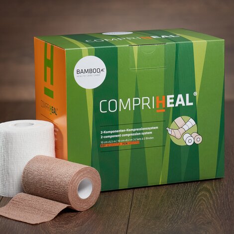 Die Verpackung von Compri-Heal® stehend mit einem Set Kompressionsbinden im Vordergrund auf einem dunklen Holzboden. | © Bamboo Health Care GmbH