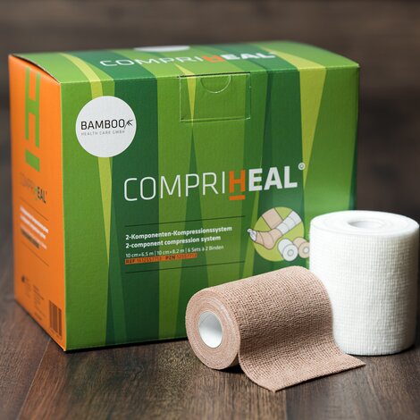 Die Verpackung von Compri-Heal® stehend mit einem Set Kompressionsbinden im Vordergrund auf einem dunklen Holzboden. | © Bamboo Health Care GmbH