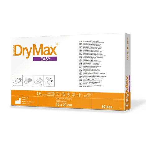 Die Verpackung von mediset clinical products DryMax® Easy in der Größe 10 x 20 cm.
