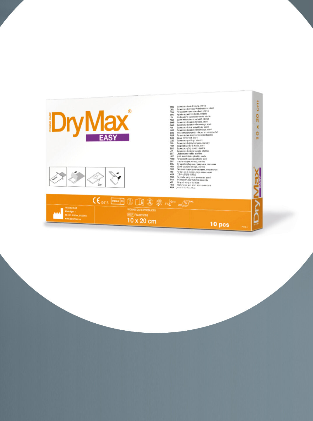 Im Fokus die Verpackung von mediset clinical products DryMax® Easy in der Größe 10 x 20 cm.