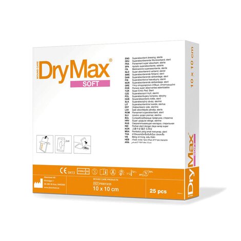 Die Verpackung von mediset clinical products DryMax® Soft in der Größe 10 x 10 cm.