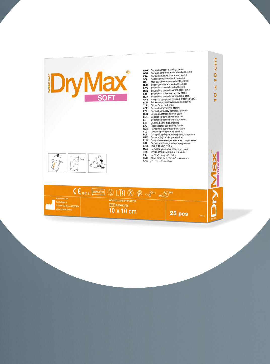 Im Fokus die Verpackung von mediset clinical products DryMax® Soft in der Größe 10 x 10 cm.