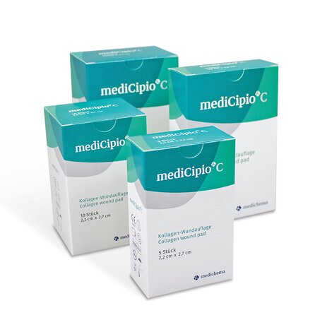 Vier verschiedenen Verpackungsgrößen des Produktes mediCipio® C von medichema, stehend als Gruppe.