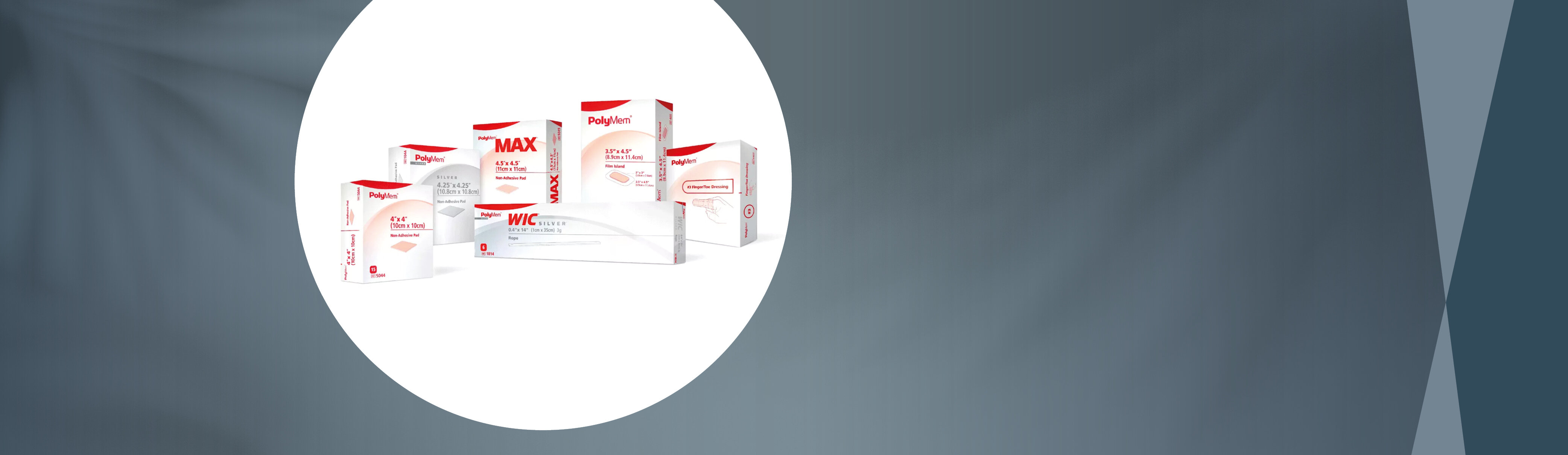 Im Fokus verschiedene Verpackungsgrößen des Produktes PolyMem® von mediset clinical products, stehend als Gruppe.