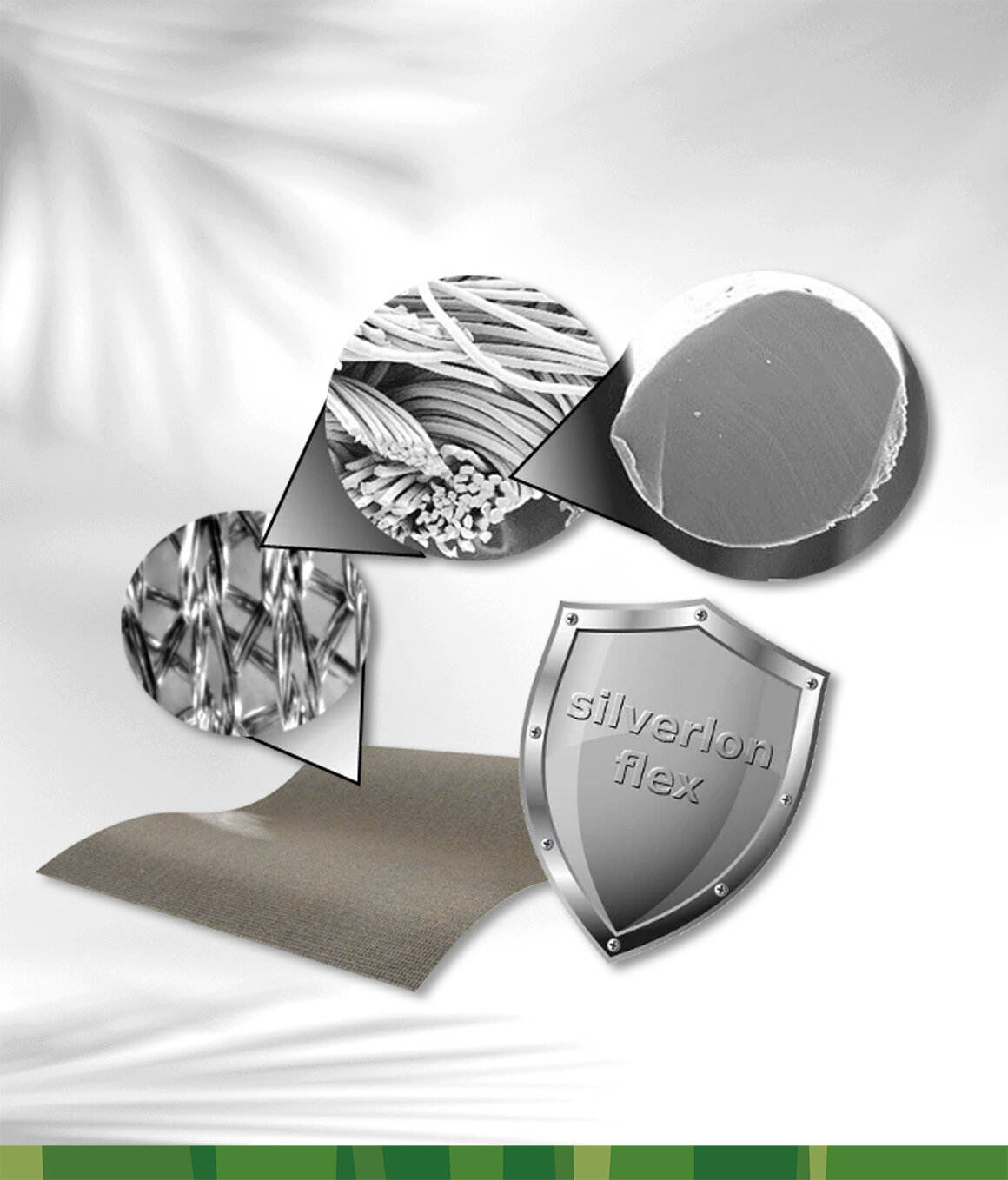 Grafische Darstellung des Aufbaus von sanaFactur Silverlon® Flex, welches aus feinsten Nylonfasern, durchgängig und dauer­haft mit einer dünnen Schicht aus metallischem Silber überzogen, besteht.