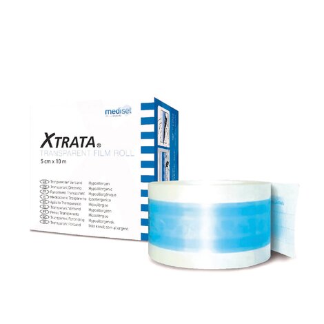 Die Verpackung von Xtrata® des Herstellers mediset clinical products mit einer Rolle Folienverband im Vordergrund.