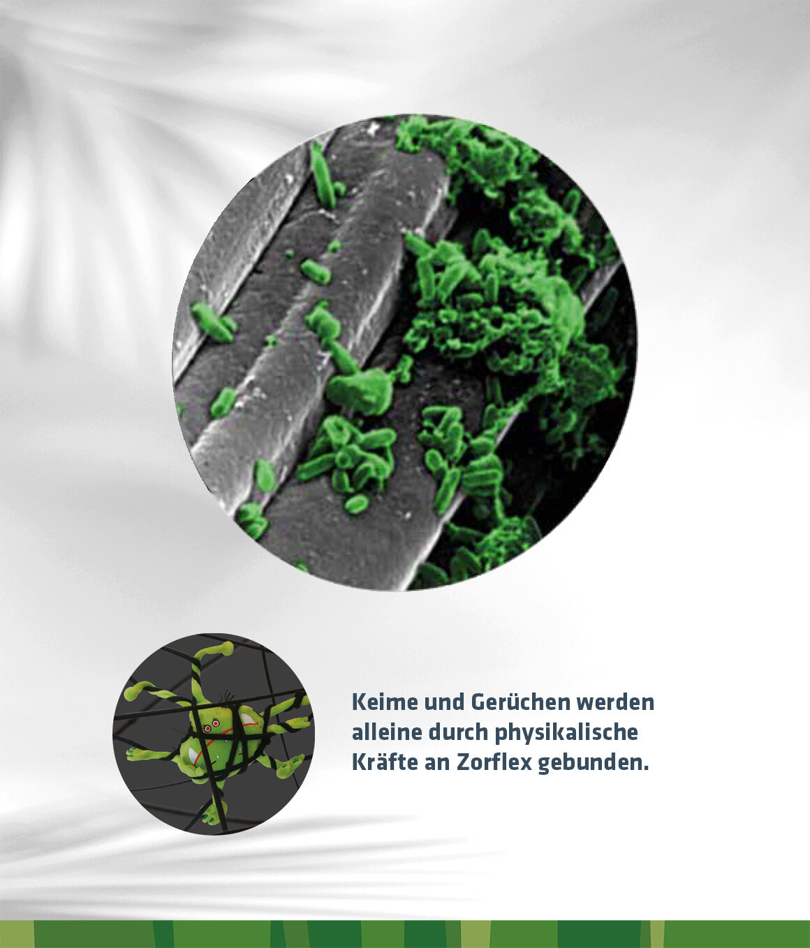 Bildliche und textliche Darstellung wie sanaFactur Zorflex®LA Keime und Gerüche bindet.