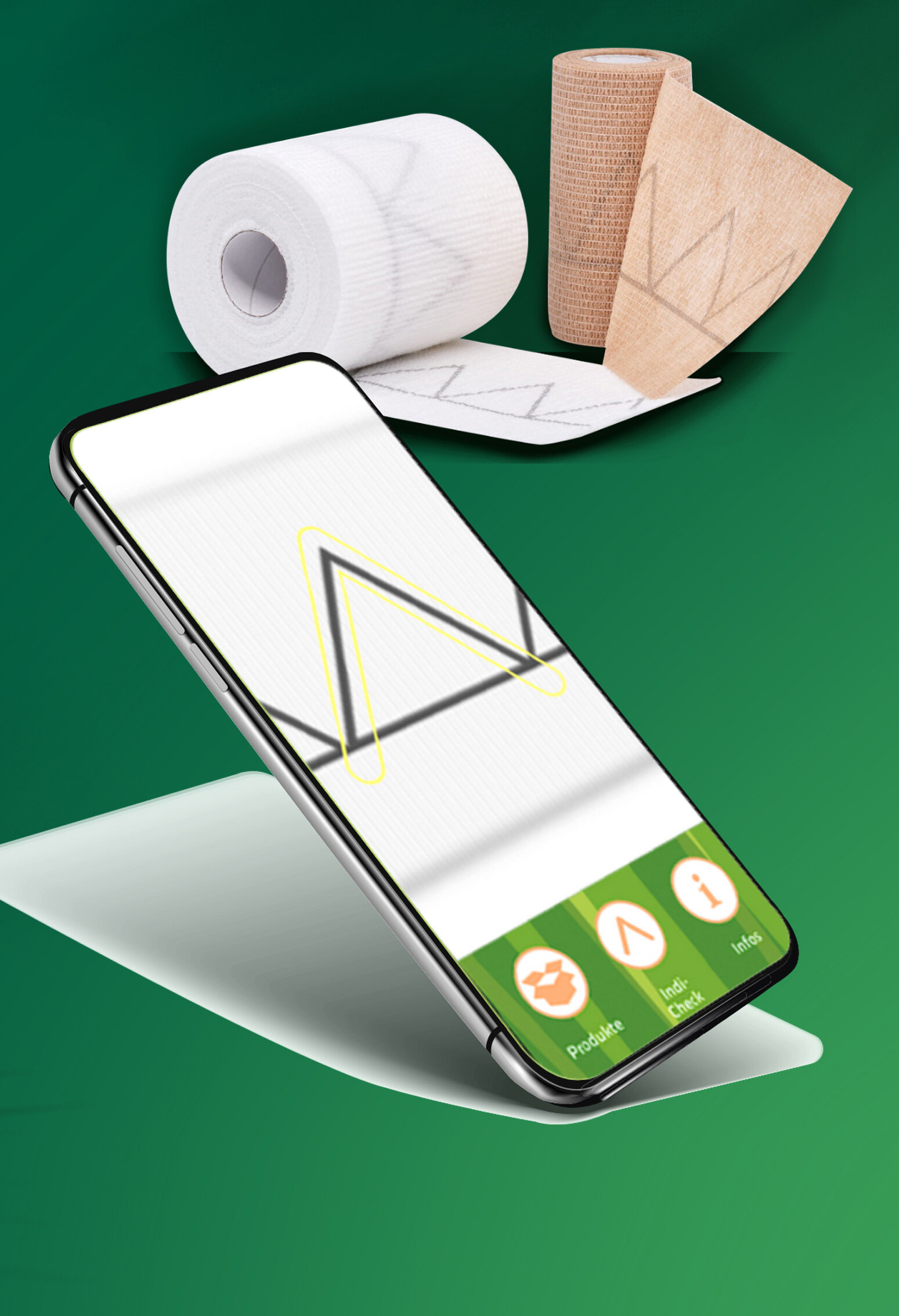 Darstellung der Indi-Check App auf einem Smartphone mit den 2-Komponenten-Kompressionsbinden CompriSave im Hintergrund auf dunkelgrünem Grund mit Bambuswedelschatten.. | © Bamboo Health Care GmbH